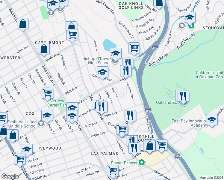map of restaurants, bars, coffee shops, grocery stores, and more near 9815 Burr Street in Oakland