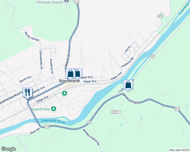 map of restaurants, bars, coffee shops, grocery stores, and more near 353 E Main St in Ronceverte