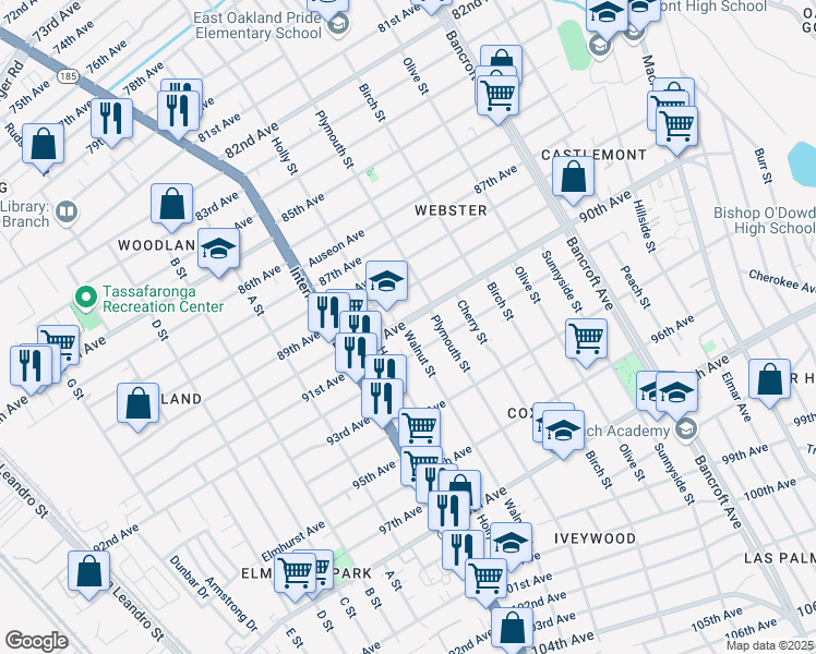 map of restaurants, bars, coffee shops, grocery stores, and more near 1602 90th Avenue in Oakland