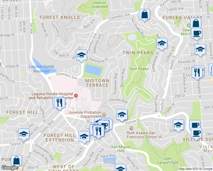 map of restaurants, bars, coffee shops, grocery stores, and more near 351 Panorama Drive in San Francisco