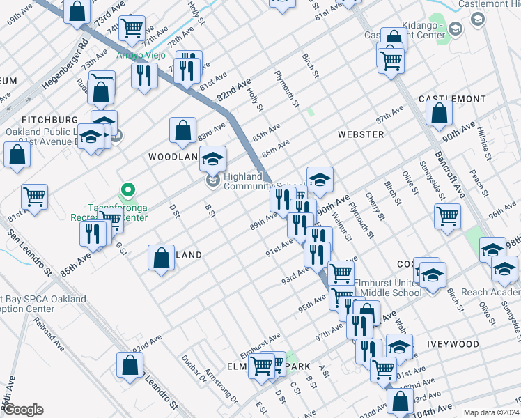 map of restaurants, bars, coffee shops, grocery stores, and more near 1330 88th Avenue in Oakland