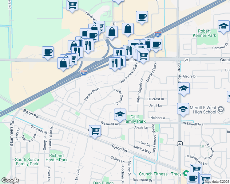 map of restaurants, bars, coffee shops, grocery stores, and more near 2071 Bridle Creek Circle in Tracy