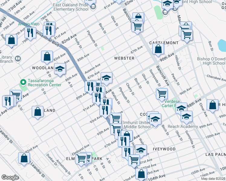 map of restaurants, bars, coffee shops, grocery stores, and more near 1602 90th Avenue in Oakland