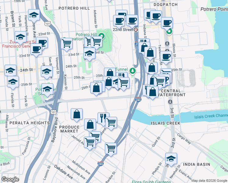 map of restaurants, bars, coffee shops, grocery stores, and more near 1250 Missouri Street in San Francisco