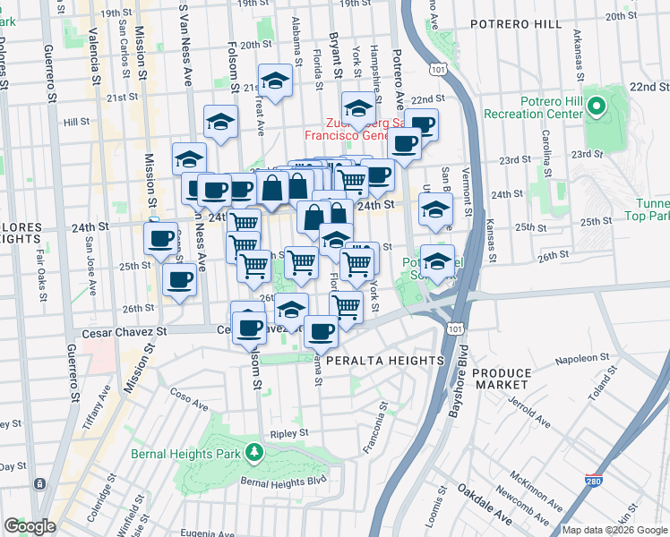 map of restaurants, bars, coffee shops, grocery stores, and more near 1331 Alabama Street in San Francisco