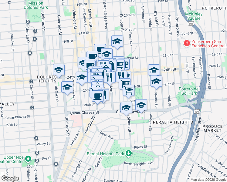 map of restaurants, bars, coffee shops, grocery stores, and more near 107 Cypress Street in San Francisco