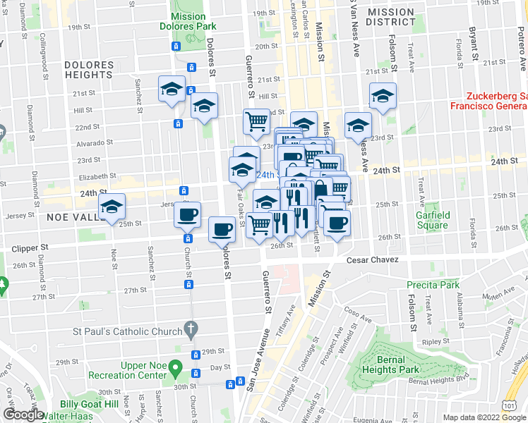 map of restaurants, bars, coffee shops, grocery stores, and more near 1295 Guerrero Street in San Francisco