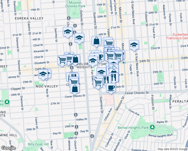 map of restaurants, bars, coffee shops, grocery stores, and more near 392 Fair Oaks Street in San Francisco
