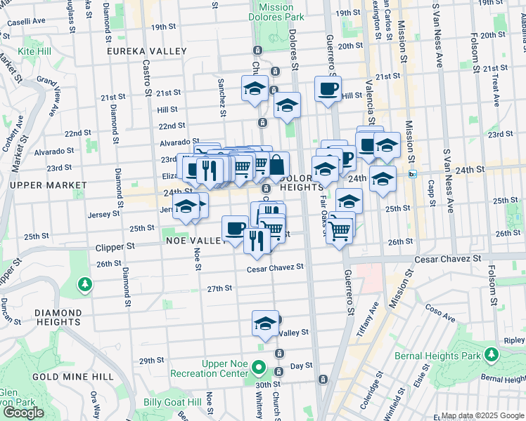 map of restaurants, bars, coffee shops, grocery stores, and more near 1275 Church Street in San Francisco