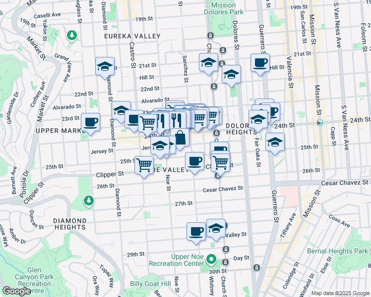 map of restaurants, bars, coffee shops, grocery stores, and more near 207 Jersey Street in San Francisco