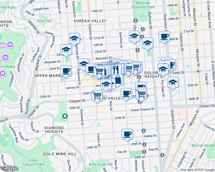 map of restaurants, bars, coffee shops, grocery stores, and more near 293 Jersey Street in San Francisco