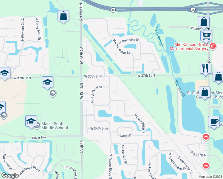 map of restaurants, bars, coffee shops, grocery stores, and more near 3708 Pepper Ridge in Wichita
