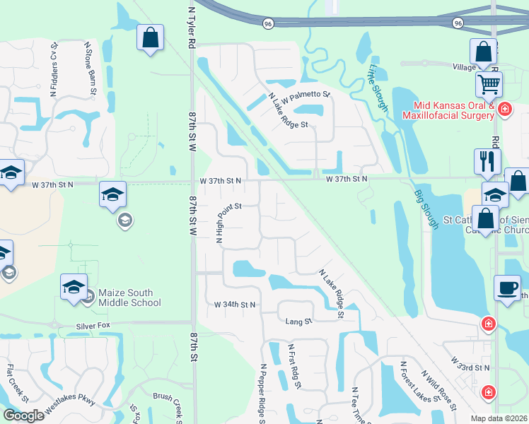 map of restaurants, bars, coffee shops, grocery stores, and more near 3708 Pepper Ridge in Wichita