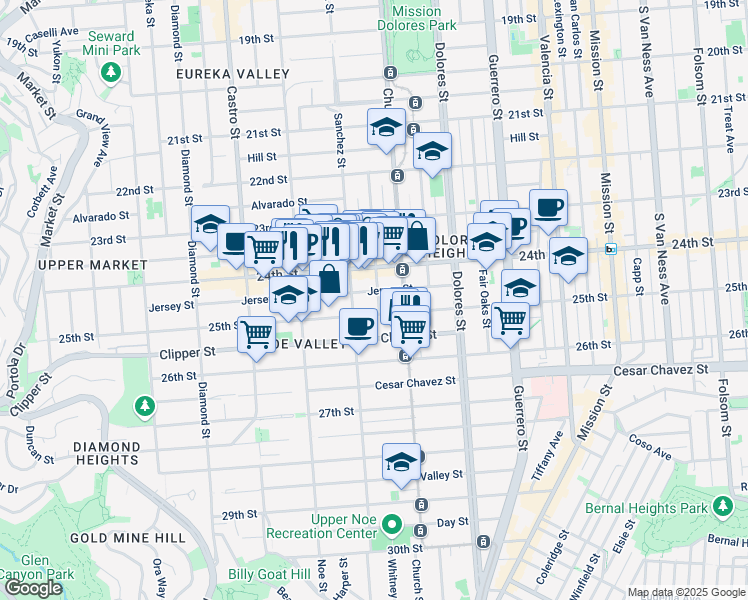 map of restaurants, bars, coffee shops, grocery stores, and more near 406 Vicksburg Street in San Francisco