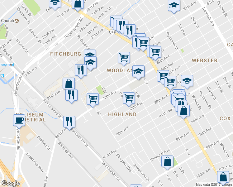 map of restaurants, bars, coffee shops, grocery stores, and more near 1054 85th Avenue in Oakland