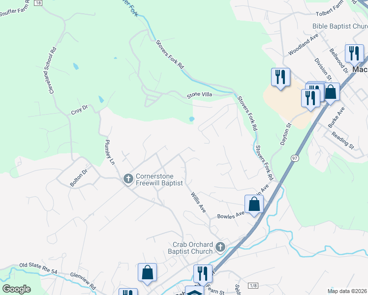 map of restaurants, bars, coffee shops, grocery stores, and more near 267 Crab Orchard Avenue in Beckley