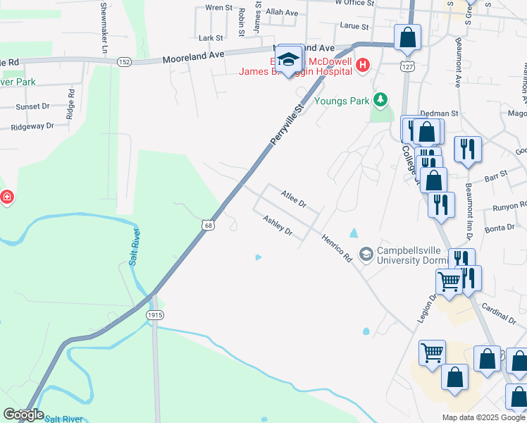 map of restaurants, bars, coffee shops, grocery stores, and more near 517 Ashley Drive in Harrodsburg