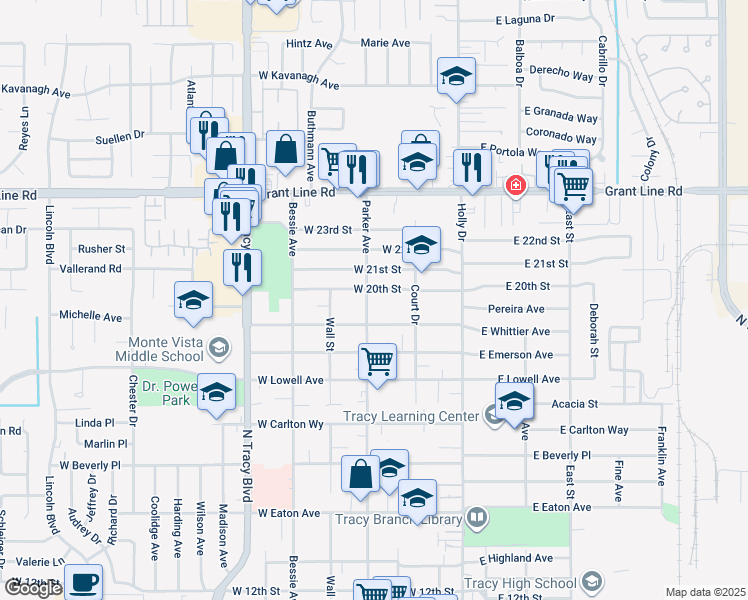 map of restaurants, bars, coffee shops, grocery stores, and more near 1924 Parker Avenue in Tracy