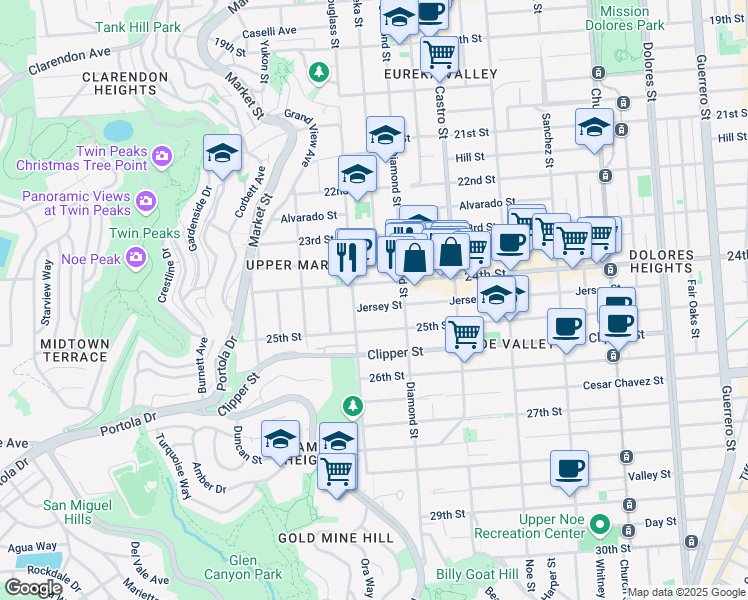 map of restaurants, bars, coffee shops, grocery stores, and more near 550 Jersey Street in San Francisco