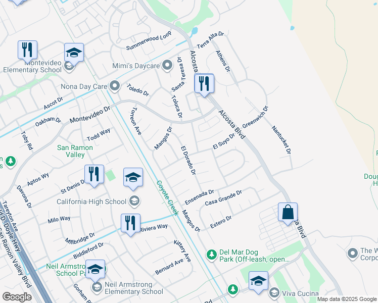 map of restaurants, bars, coffee shops, grocery stores, and more near 3239 El Suyo Drive in San Ramon