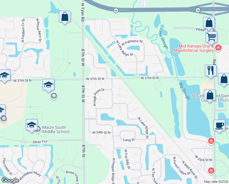 map of restaurants, bars, coffee shops, grocery stores, and more near 3708 North Pepper Ridge Street in Wichita