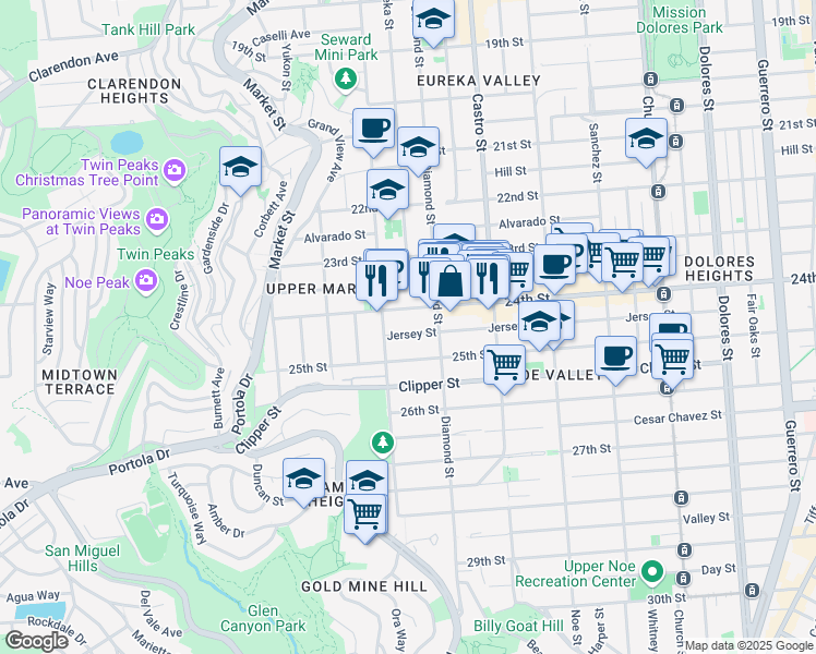map of restaurants, bars, coffee shops, grocery stores, and more near 550 Jersey Street in San Francisco