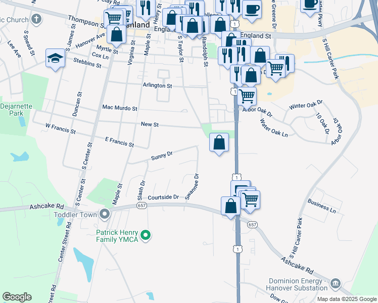 map of restaurants, bars, coffee shops, grocery stores, and more near 141 Sunny Drive in Ashland