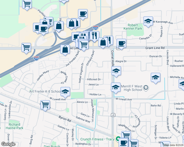 map of restaurants, bars, coffee shops, grocery stores, and more near 1961 Hillview Way in Tracy