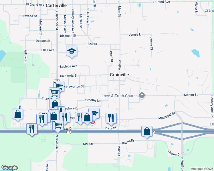 map of restaurants, bars, coffee shops, grocery stores, and more near 899 Howerton St in Carterville