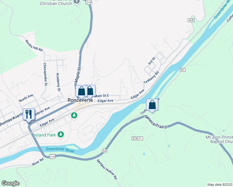 map of restaurants, bars, coffee shops, grocery stores, and more near 353 E Main St in Ronceverte