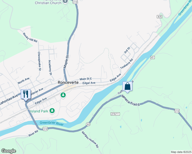 map of restaurants, bars, coffee shops, grocery stores, and more near 353 E Main St in Ronceverte