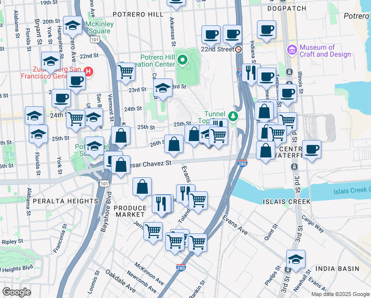 map of restaurants, bars, coffee shops, grocery stores, and more near 1200 Connecticut Street in San Francisco