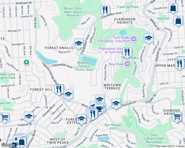 map of restaurants, bars, coffee shops, grocery stores, and more near 21 Dellbrook Avenue in San Francisco