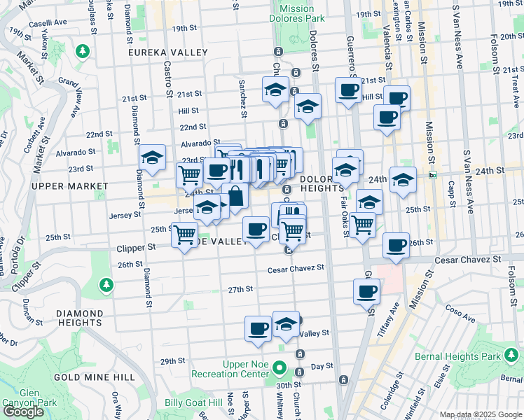 map of restaurants, bars, coffee shops, grocery stores, and more near 406 Vicksburg Street in San Francisco