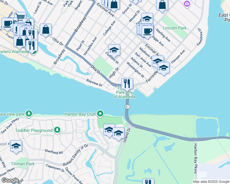 map of restaurants, bars, coffee shops, grocery stores, and more near 343 Driftwood Lane in Alameda