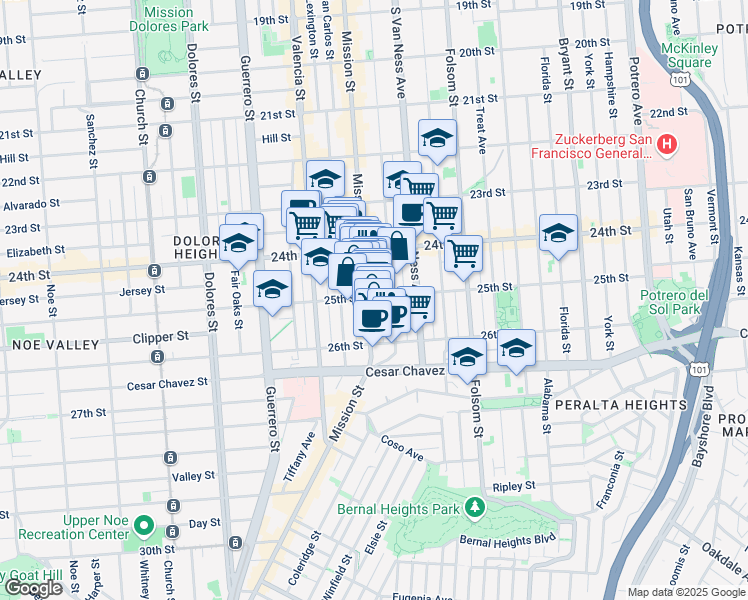 map of restaurants, bars, coffee shops, grocery stores, and more near 2901 Mission Street in San Francisco