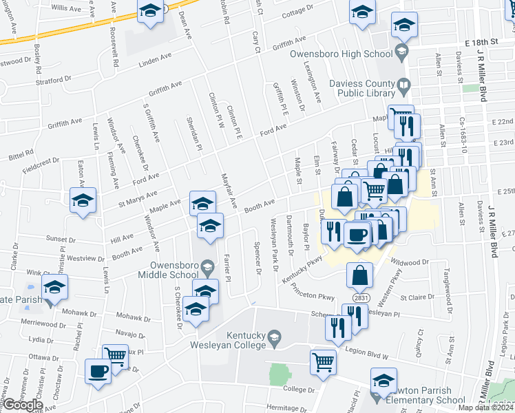 map of restaurants, bars, coffee shops, grocery stores, and more near 1106 Booth Avenue in Owensboro