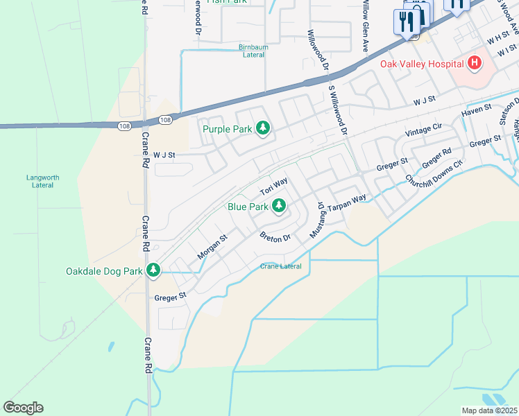 map of restaurants, bars, coffee shops, grocery stores, and more near 2376 Shire Way in Oakdale