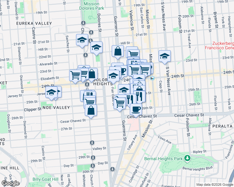 map of restaurants, bars, coffee shops, grocery stores, and more near 392 Fair Oaks Street in San Francisco