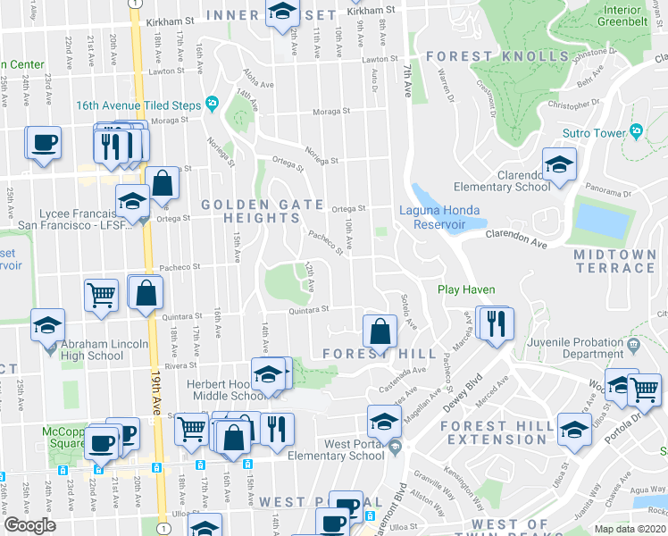 map of restaurants, bars, coffee shops, grocery stores, and more near 46 Cragmont Avenue in San Francisco