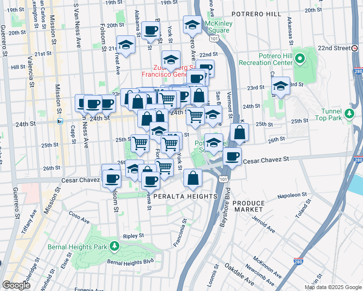 map of restaurants, bars, coffee shops, grocery stores, and more near 1339 York Street in San Francisco