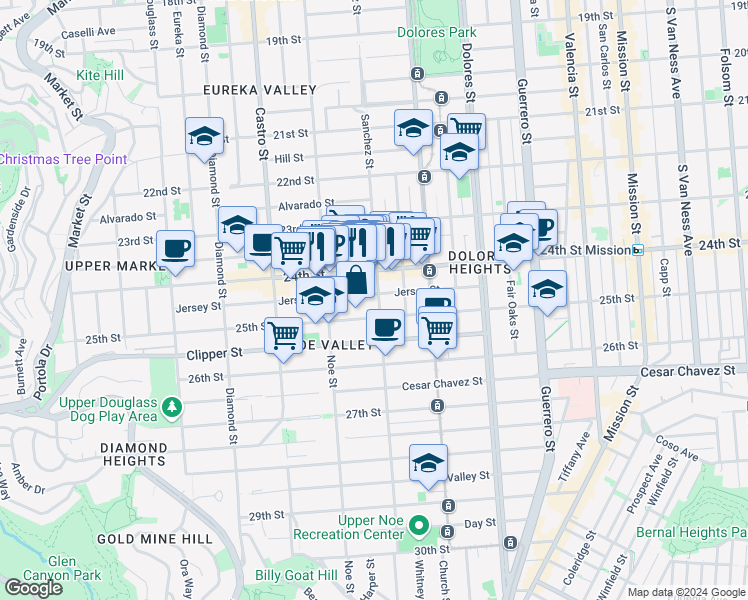 map of restaurants, bars, coffee shops, grocery stores, and more near 207 Jersey Street in San Francisco