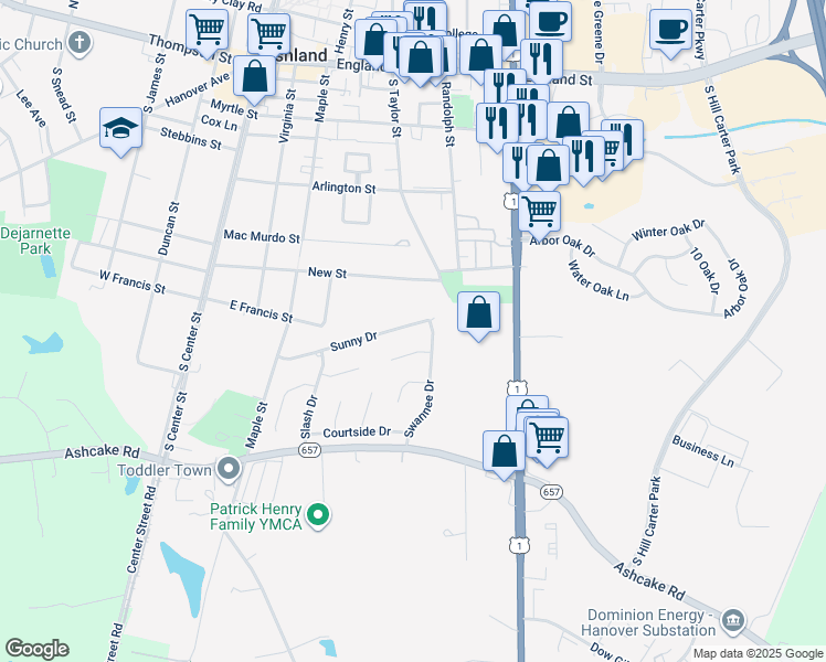 map of restaurants, bars, coffee shops, grocery stores, and more near 141 Sunny Drive in Ashland