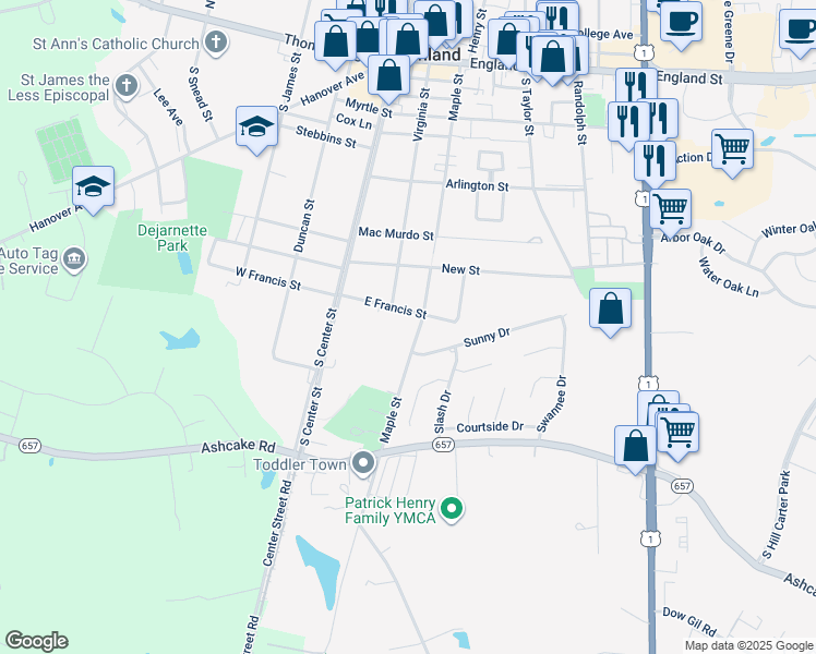 map of restaurants, bars, coffee shops, grocery stores, and more near 1092 Maple Street in Ashland