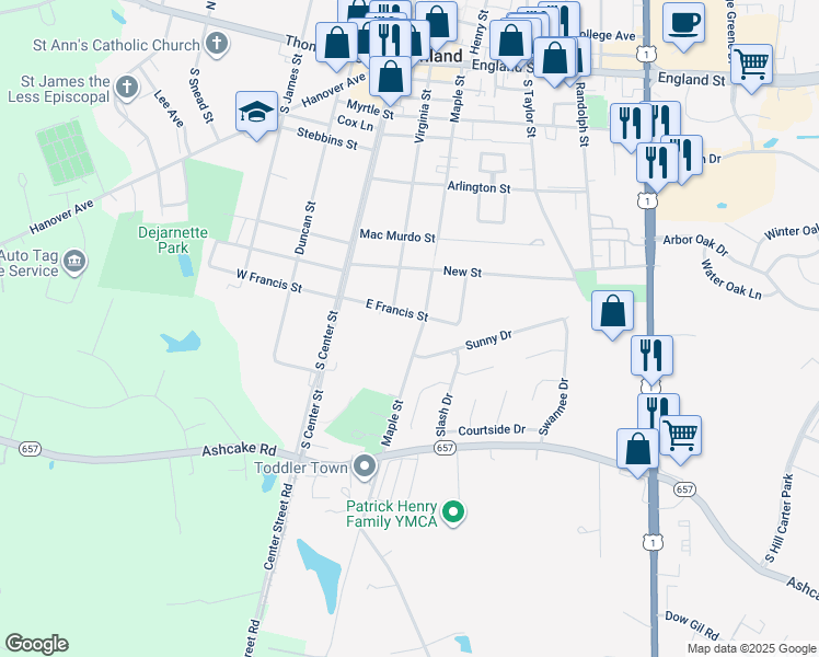 map of restaurants, bars, coffee shops, grocery stores, and more near 1092 Maple Street in Ashland