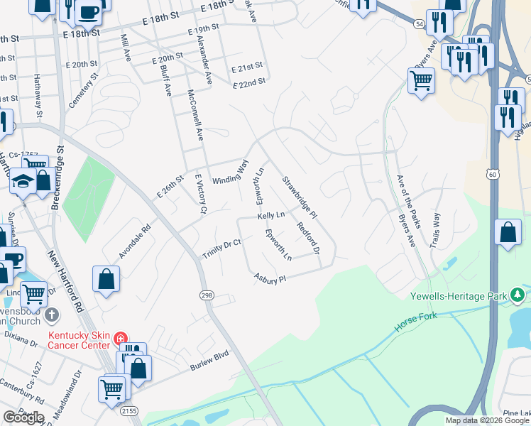 map of restaurants, bars, coffee shops, grocery stores, and more near 2799 Epworth Lane in Owensboro
