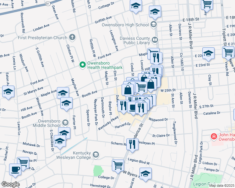 map of restaurants, bars, coffee shops, grocery stores, and more near 2499 Duke Drive in Owensboro
