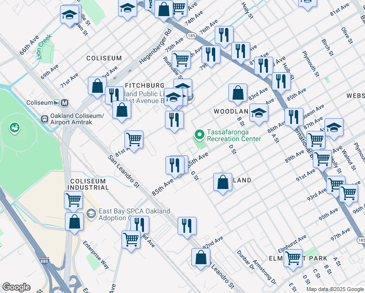 map of restaurants, bars, coffee shops, grocery stores, and more near 926 83rd Avenue in Oakland
