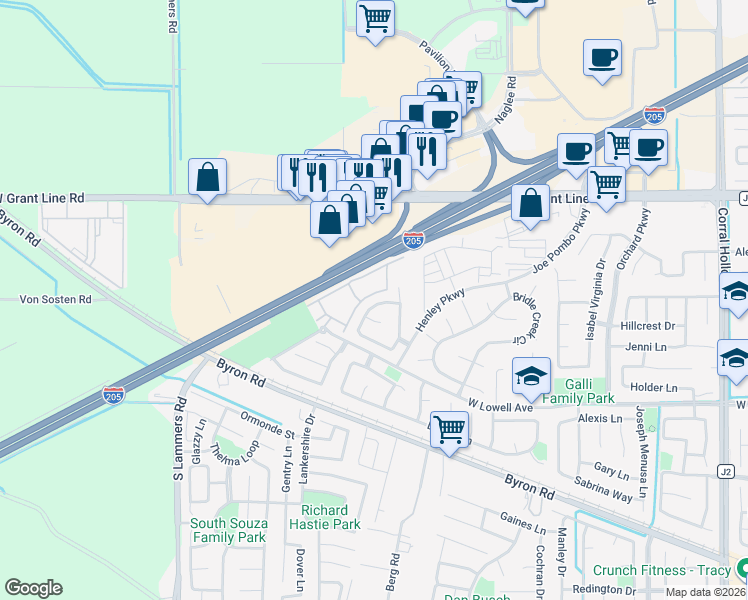 map of restaurants, bars, coffee shops, grocery stores, and more near 2849 Hawkins Lane in Tracy
