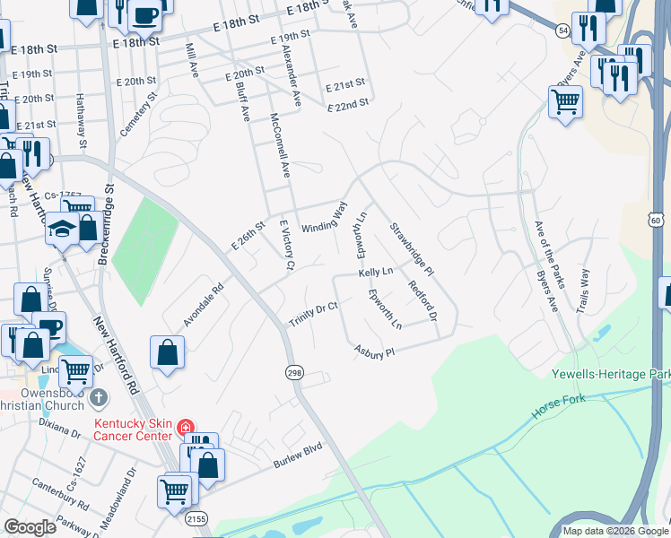 map of restaurants, bars, coffee shops, grocery stores, and more near 1701 Kelly Lane in Owensboro